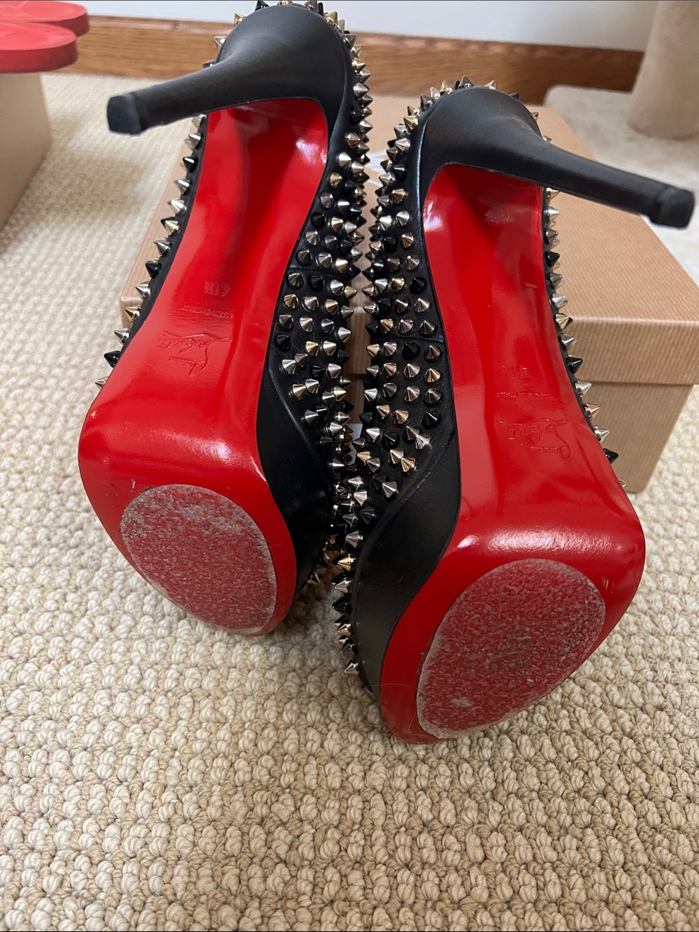 Christian Louboutin Black Studded Peep-Toe Platform Heels - Picture 5 of 6
